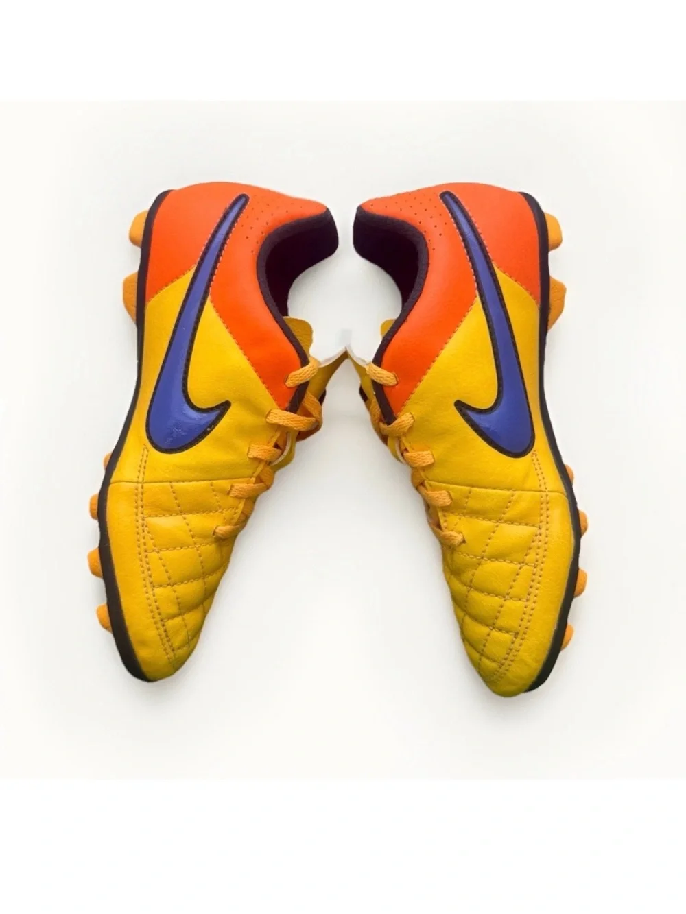 Nike Tiempo US 1.5Y Yellow Orange Blue Quilted Soccer Cleats Athletic Footwear